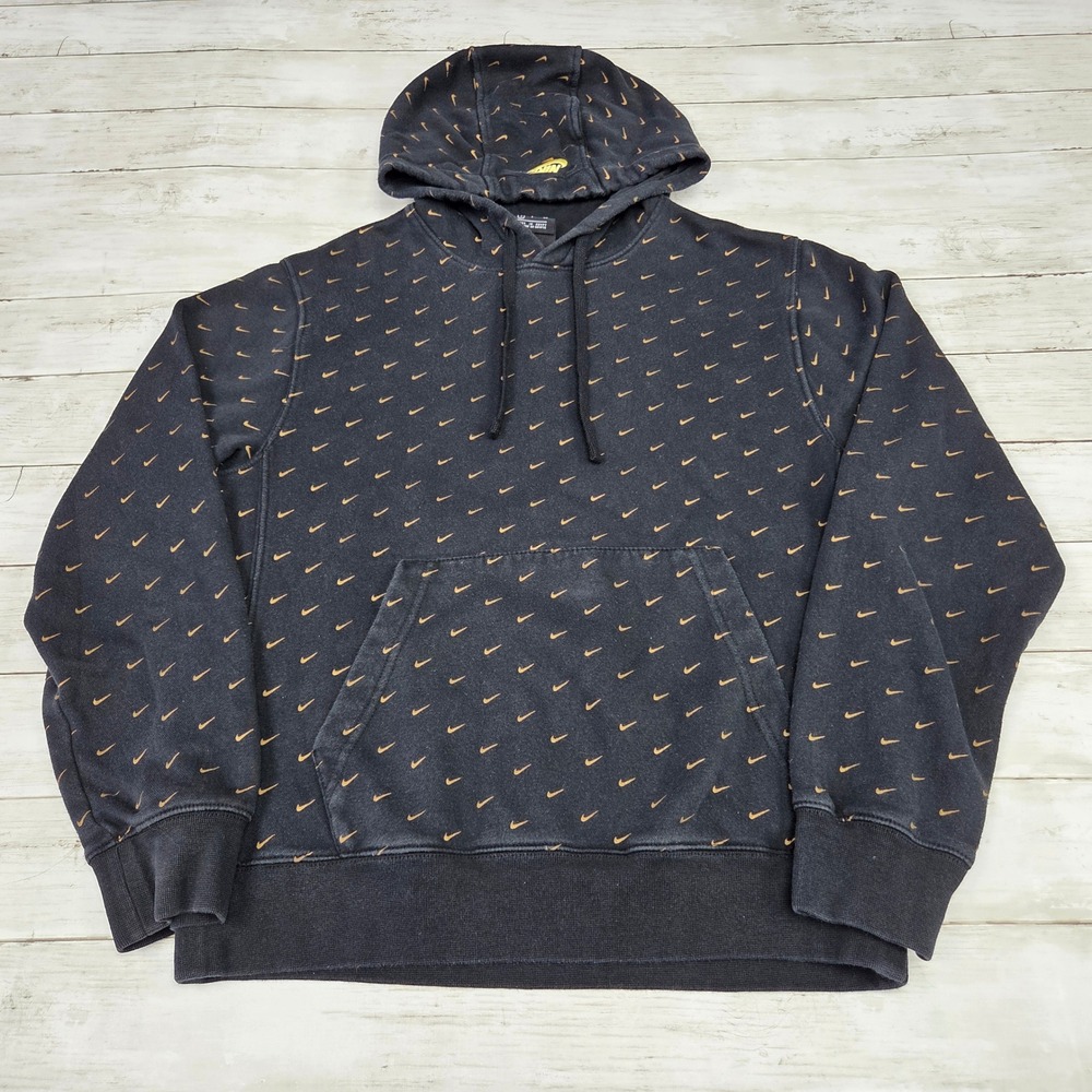 Nike Club Fleece All Over Mini Swoosh Hoodie CJ5405-010 Mens Small Black Gold
